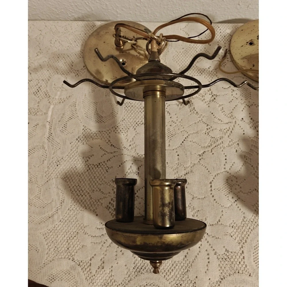Pair Of Two Vintage Brass Pendant Lights Chandelier Look